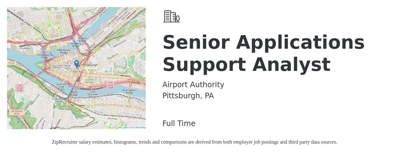 Airport Authority job posting for a Senior Applications Support Analyst in Pittsburgh, PA with a salary of $82,200 to $116,500 Yearly with a map of Pittsburgh location.