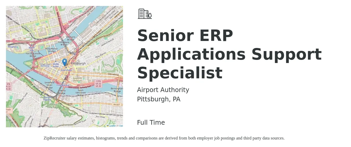 Airport Authority job posting for a Senior ERP Applications Support Specialist in Pittsburgh, PA with a salary of $51,300 to $80,800 Yearly with a map of Pittsburgh location.