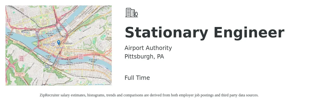 Airport Authority job posting for a Stationary Engineer in Pittsburgh, PA with a salary of $28 to $44 Hourly with a map of Pittsburgh location.
