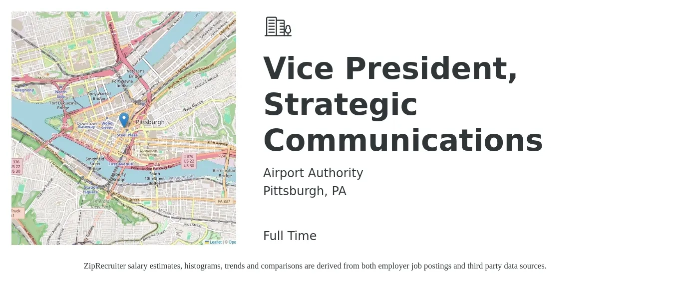 Airport Authority job posting for a Vice President, Strategic Communications in Pittsburgh, PA with a salary of $118,400 to $192,500 Yearly with a map of Pittsburgh location.