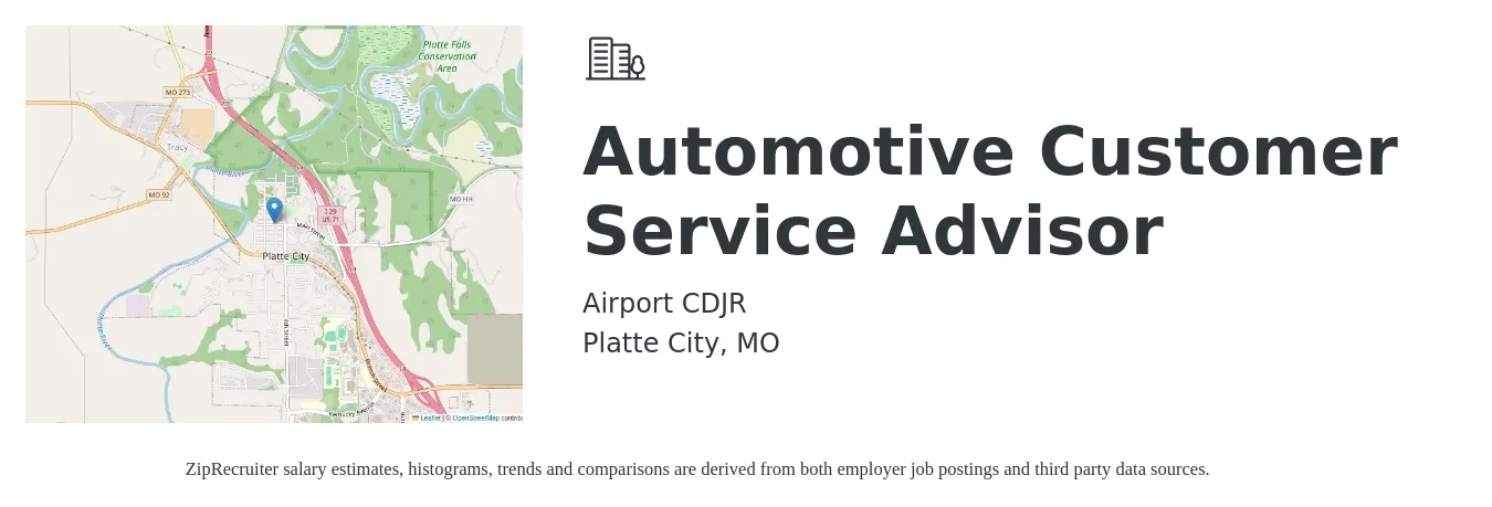 Airport CDJR job posting for a Automotive Customer Service Advisor in Platte City, MO with a salary of $17 to $28 Hourly with a map of Platte City location.
