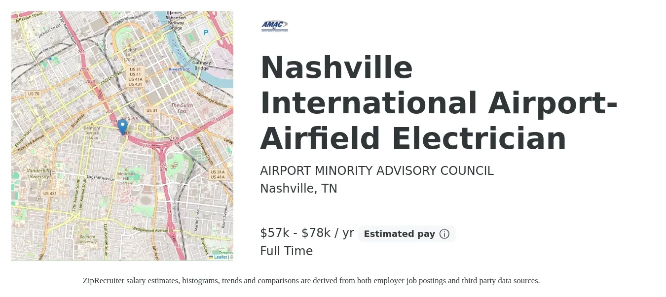 AIRPORT MINORITY ADVISORY COUNCIL job posting for a Nashville International Airport- Airfield Electrician in Nashville, TN with a salary of $57,996 to $78,906 Yearly with a map of Nashville location.