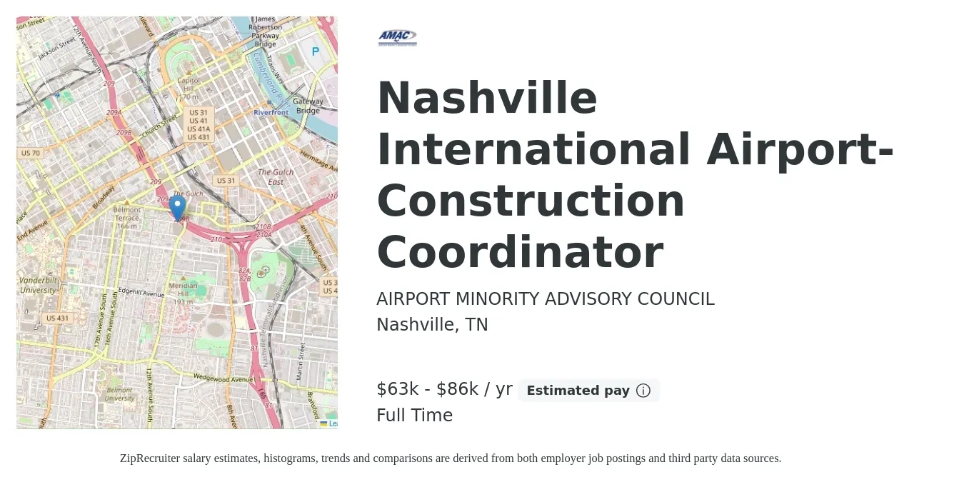 AIRPORT MINORITY ADVISORY COUNCIL job posting for a Nashville International Airport- Construction Coordinator in Nashville, TN with a salary of $63,795 to $86,797 Yearly with a map of Nashville location.