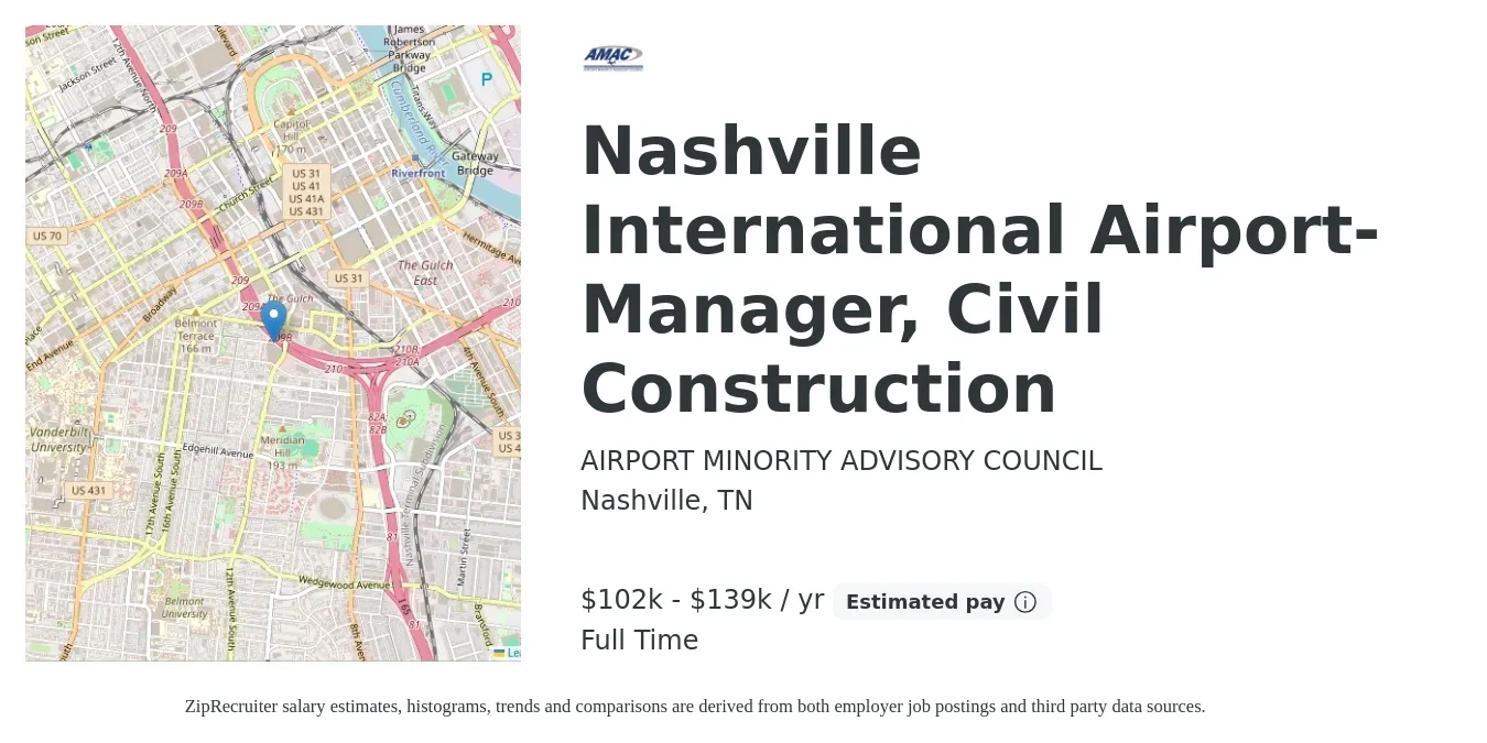 AIRPORT MINORITY ADVISORY COUNCIL job posting for a Nashville International Airport- Manager, Civil Construction in Nashville, TN with a salary of $102,744 to $139,788 Yearly with a map of Nashville location.