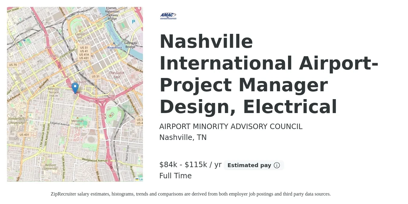 AIRPORT MINORITY ADVISORY COUNCIL job posting for a Nashville International Airport- Project Manager Design, Electrical in Nashville, TN with a salary of $84,911 to $115,526 Yearly with a map of Nashville location.
