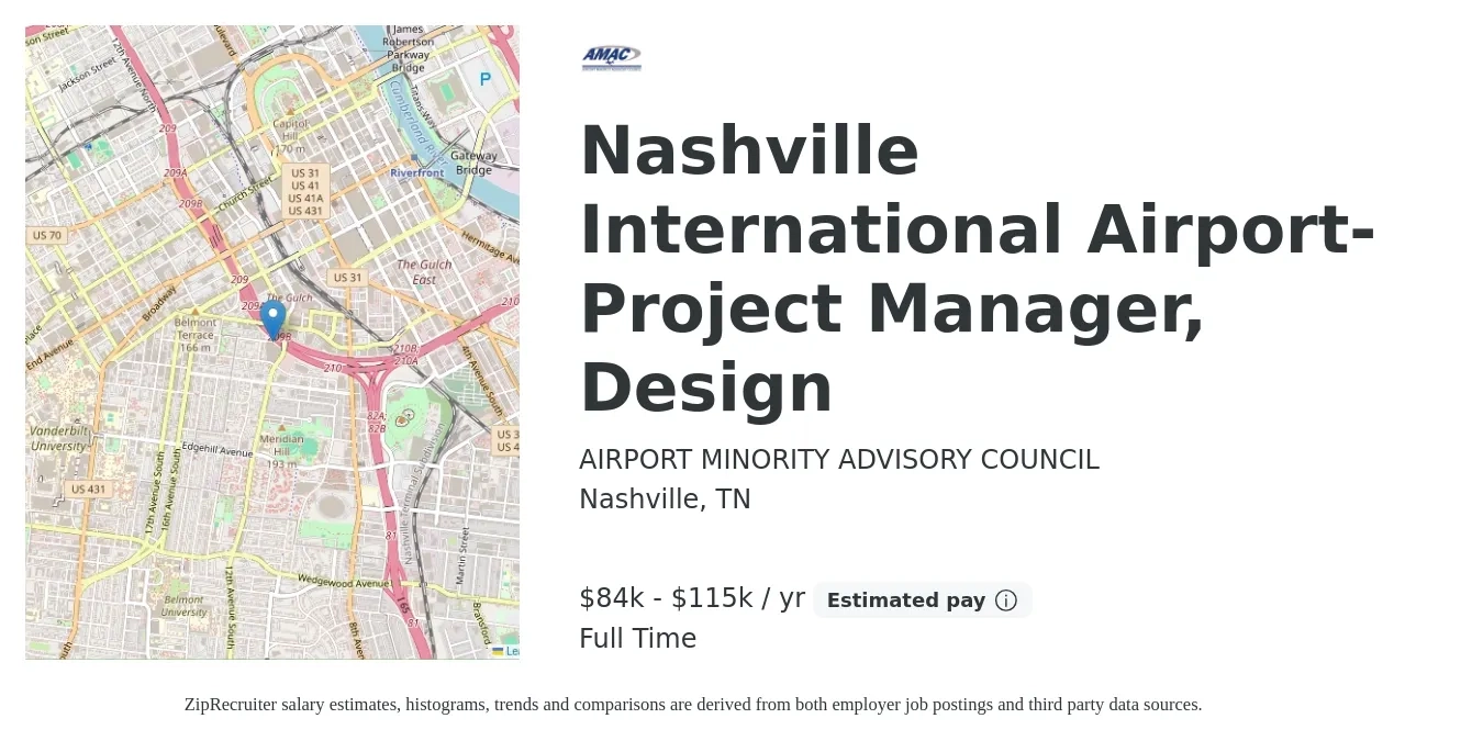 AIRPORT MINORITY ADVISORY COUNCIL job posting for a Nashville International Airport- Project Manager, Design in Nashville, TN with a salary of $84,911 to $115,526 Yearly with a map of Nashville location.