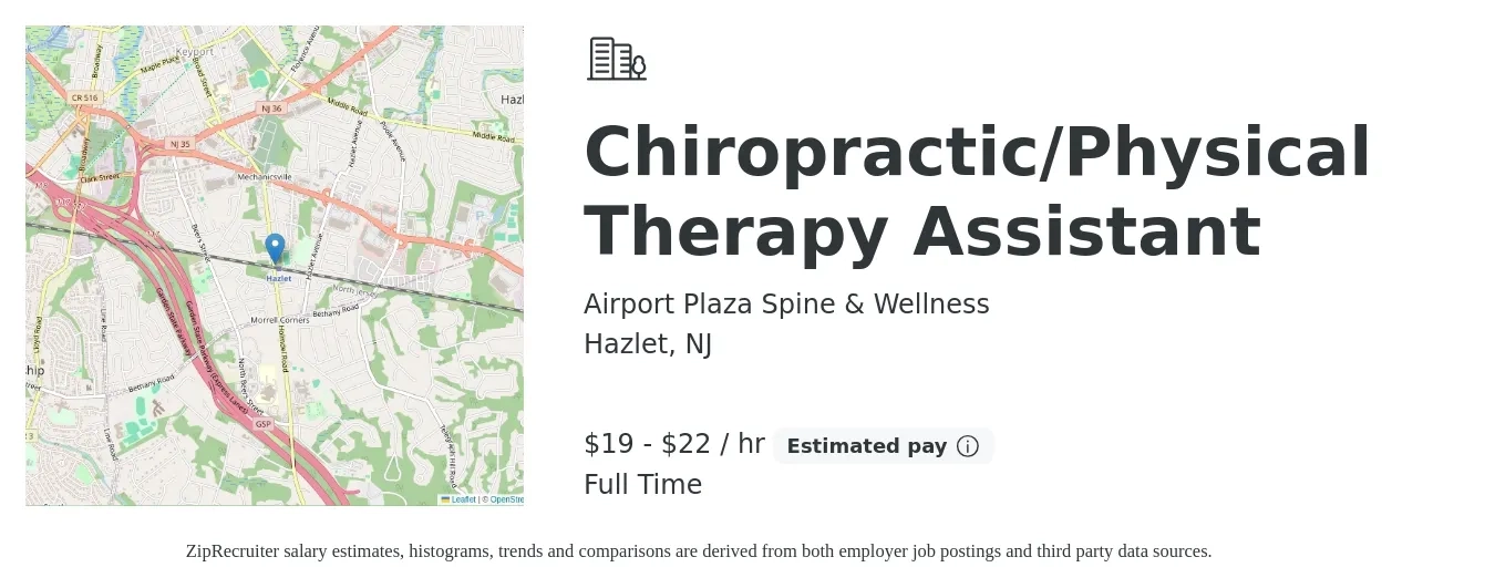 Airport Plaza Spine & Wellness job posting for a Chiropractic/Physical Therapy Assistant in Hazlet, NJ with a salary of $20 to $23 Hourly with a map of Hazlet location.