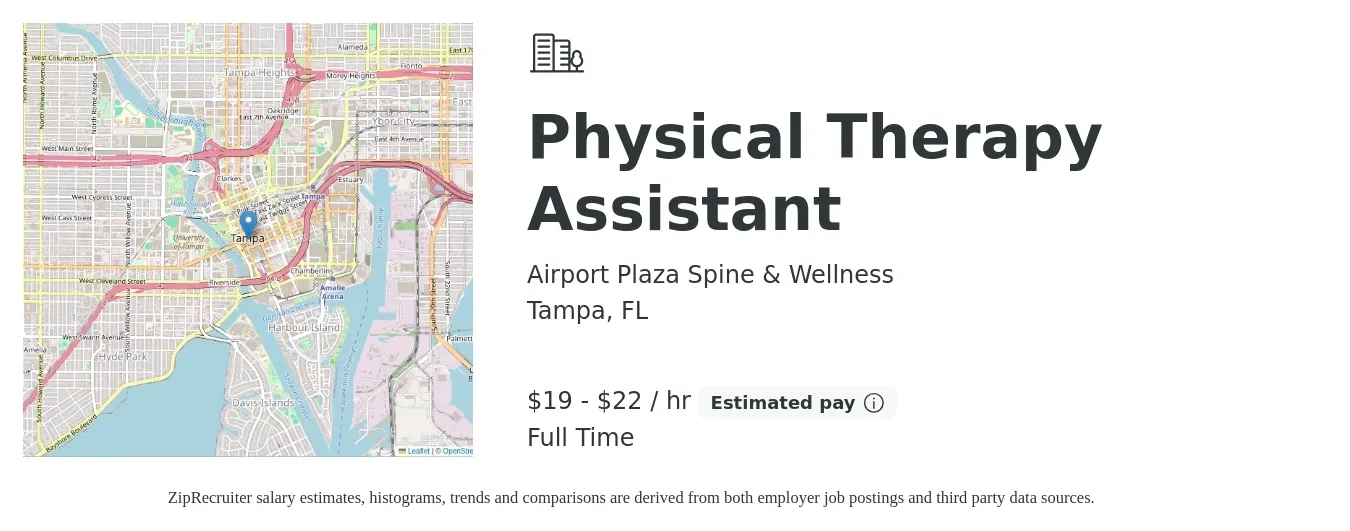 Airport Plaza Spine & Wellness job posting for a Physical Therapy Assistant in Tampa, FL with a salary of $20 to $23 Hourly with a map of Tampa location.