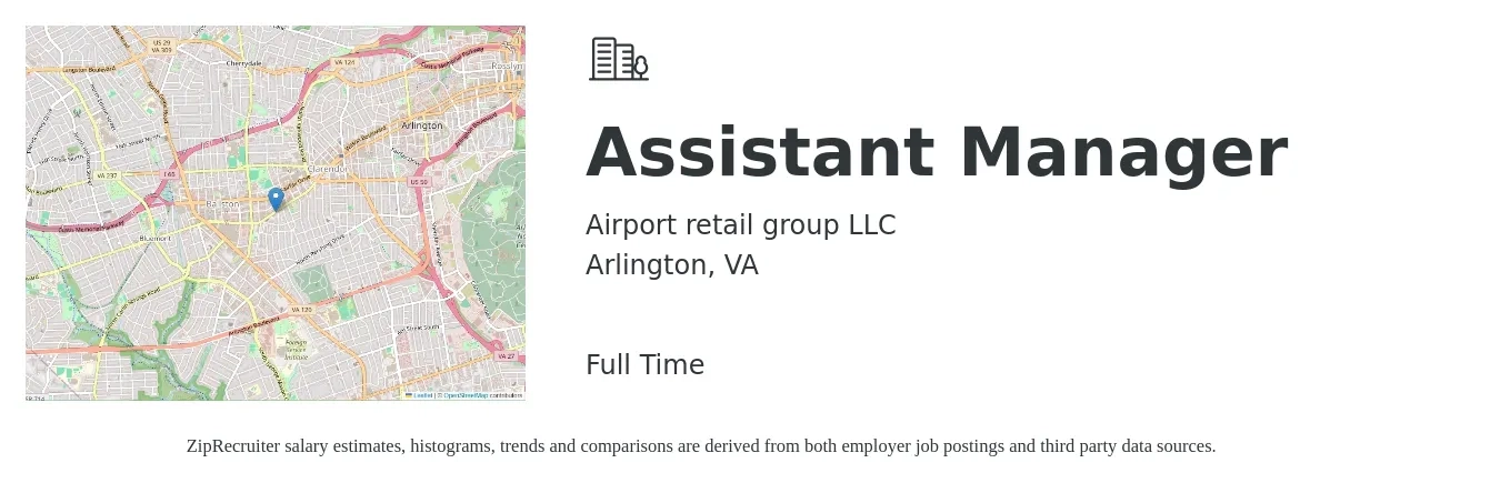 Airport retail group LLC job posting for a Assistant Manager in Arlington, VA with a salary of $18 to $28 Hourly with a map of Arlington location.