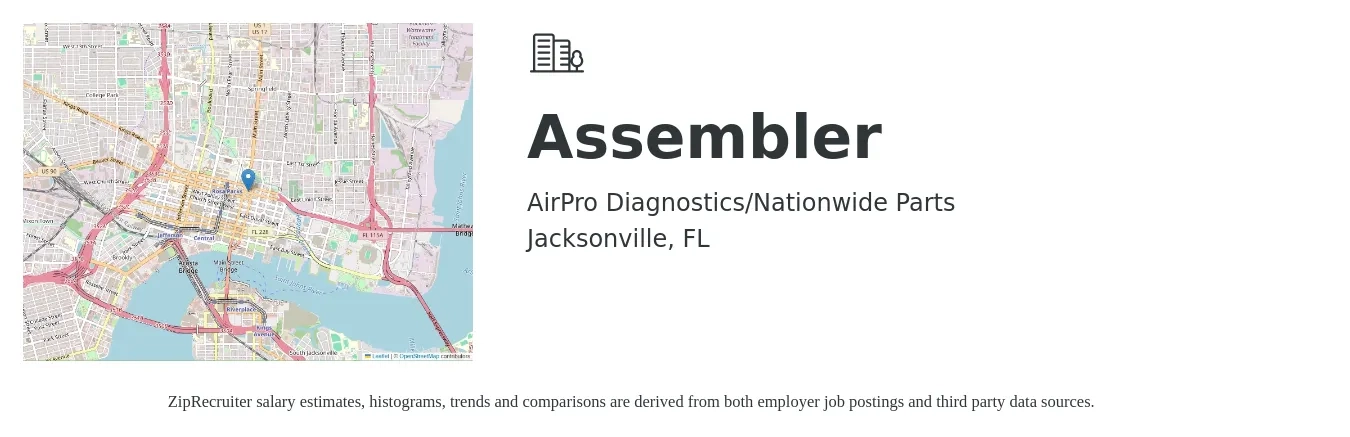 AirPro Diagnostics/Nationwide Parts job posting for a Assembler in Jacksonville, FL with a salary of $15 to $18 Hourly with a map of Jacksonville location.