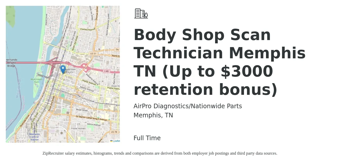 AirPro Diagnostics/Nationwide Parts job posting for a Body Shop Scan Technician Memphis TN (Up to $3000 retention bonus) in Memphis, TN with a salary of $18 to $27 Hourly with a map of Memphis location.