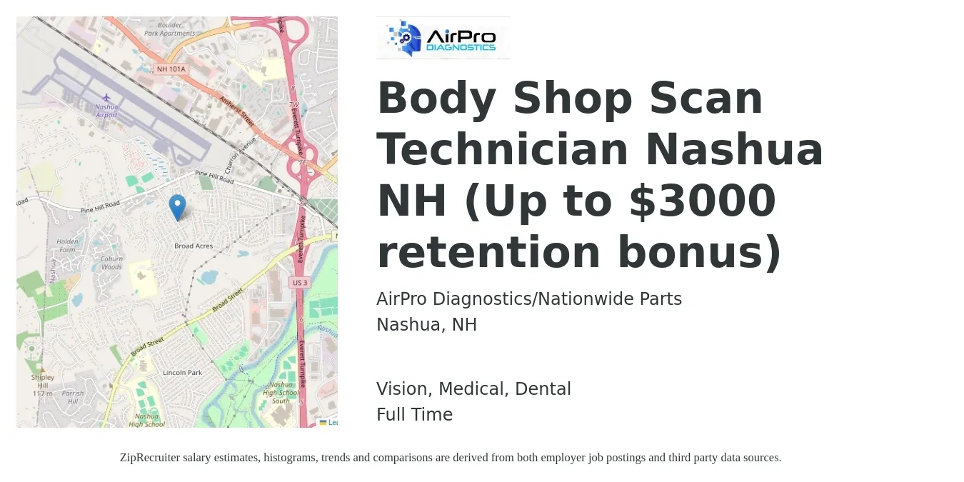 AirPro Diagnostics/Nationwide Parts job posting for a Body Shop Scan Technician Nashua NH (Up to $3000 retention bonus) in Nashua, NH with a salary of $20 to $31 Hourly and benefits including life_insurance, medical, pto, retirement, vision, and dental with a map of Nashua location.