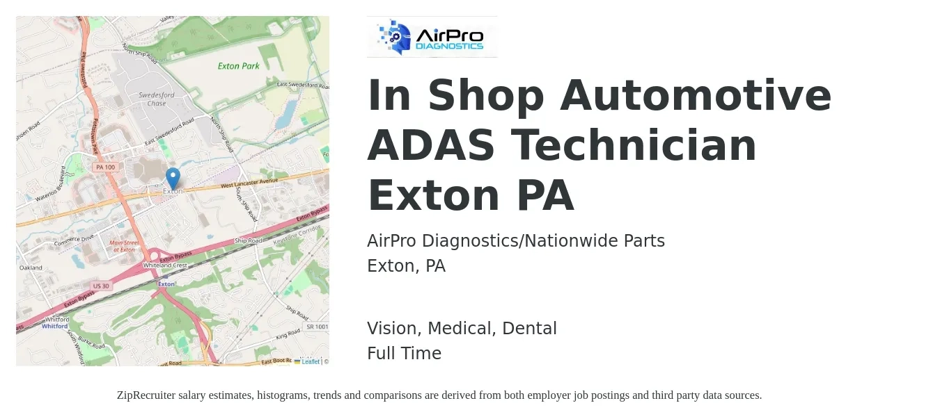 AirPro Diagnostics/Nationwide Parts job posting for a In Shop Automotive ADAS Technician Exton PA in Exton, PA with a salary of $21 to $34 Hourly and benefits including dental, life_insurance, medical, pto, retirement, and vision with a map of Exton location.