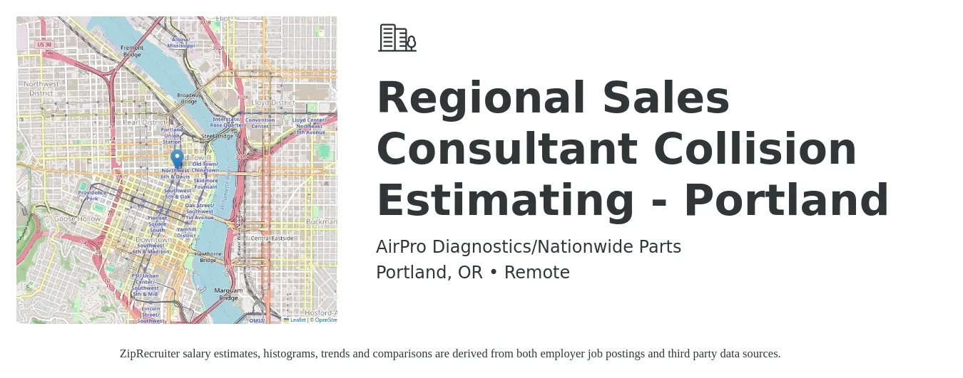 AirPro Diagnostics/Nationwide Parts job posting for a Regional Sales Consultant Collision Estimating - Portland in Portland, OR with a salary of $51,400 to $74,800 Yearly with a map of Portland location.
