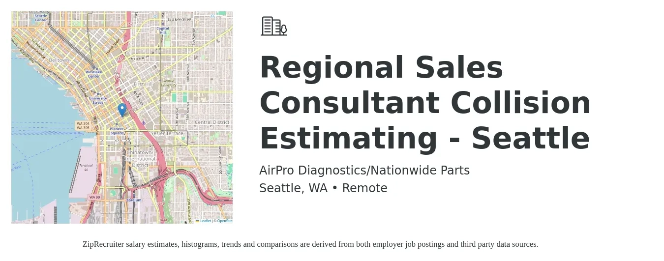 AirPro Diagnostics/Nationwide Parts job posting for a Regional Sales Consultant Collision Estimating - Seattle in Seattle, WA with a salary of $95,000 to $106,400 Yearly with a map of Seattle location.