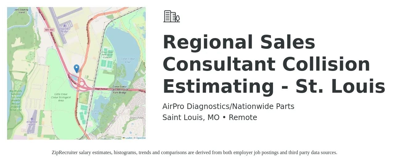 AirPro Diagnostics/Nationwide Parts job posting for a Regional Sales Consultant Collision Estimating - St. Louis in Saint Louis, MO with a salary of $47,200 to $68,500 Yearly with a map of Saint Louis location.