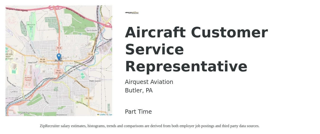 Airquest Aviation job posting for a Aircraft Customer Service Representative in Butler, PA with a salary of $14 to $20 Hourly with a map of Butler location.