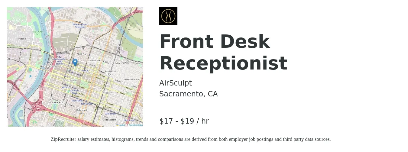 AirSculpt job posting for a Front Desk Receptionist in Sacramento, CA with a salary of $18 to $20 Hourly with a map of Sacramento location.