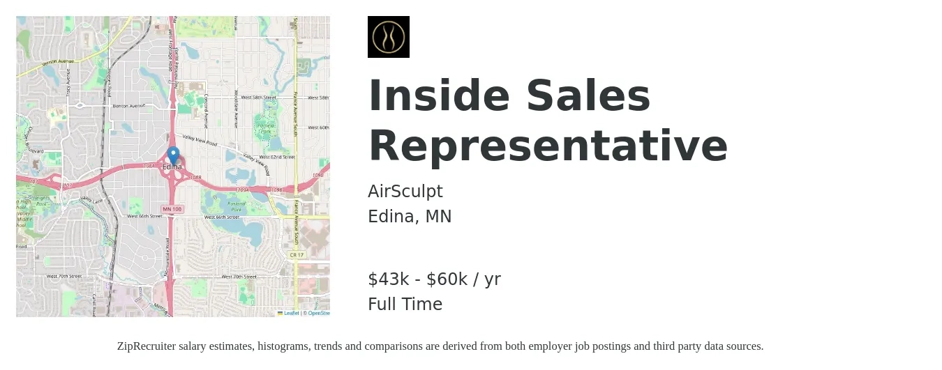 AirSculpt job posting for a Inside Sales Representative in Edina, MN with a salary of $43,000 to $60,000 Yearly with a map of Edina location.