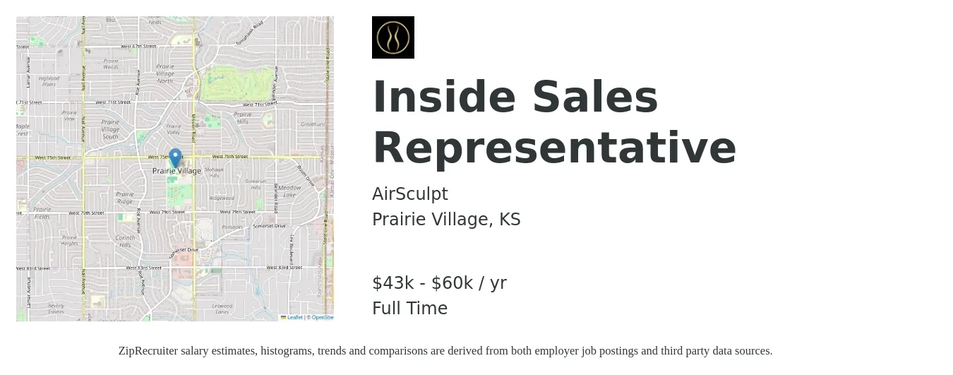 AirSculpt job posting for a Inside Sales Representative in Prairie Village, KS with a salary of $43,000 to $60,000 Yearly with a map of Prairie Village location.