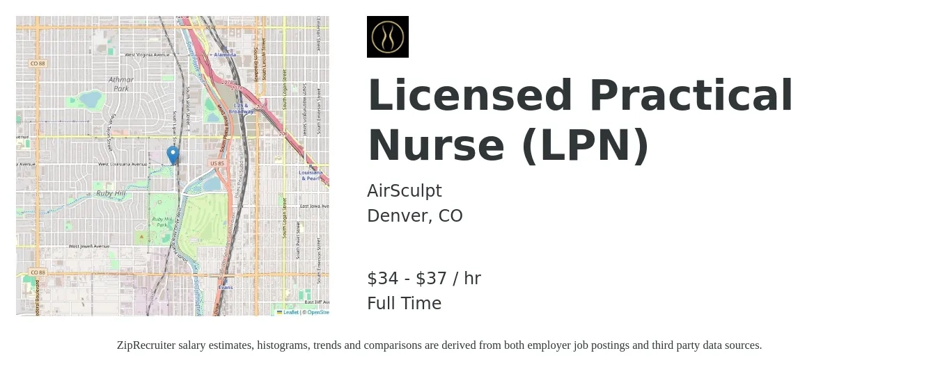 AirSculpt job posting for a Licensed Practical Nurse (LPN) in Denver, CO with a salary of $36 to $39 Hourly with a map of Denver location.