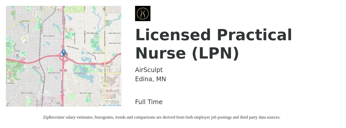 AirSculpt job posting for a Licensed Practical Nurse (LPN) in Edina, MN with a salary of $27 to $36 Hourly with a map of Edina location.