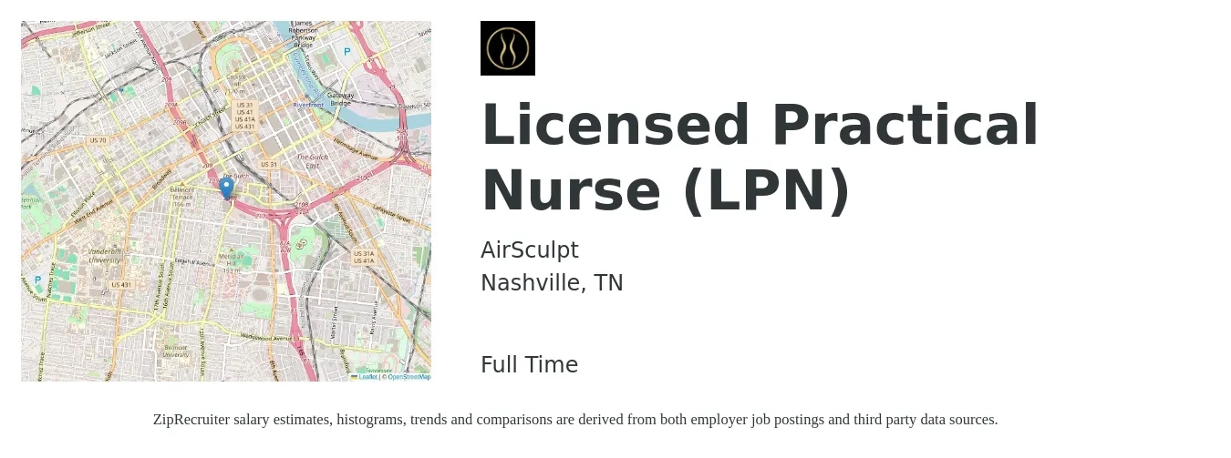 AirSculpt job posting for a Licensed Practical Nurse (LPN) in Nashville, TN with a salary of $25 to $34 Hourly with a map of Nashville location.