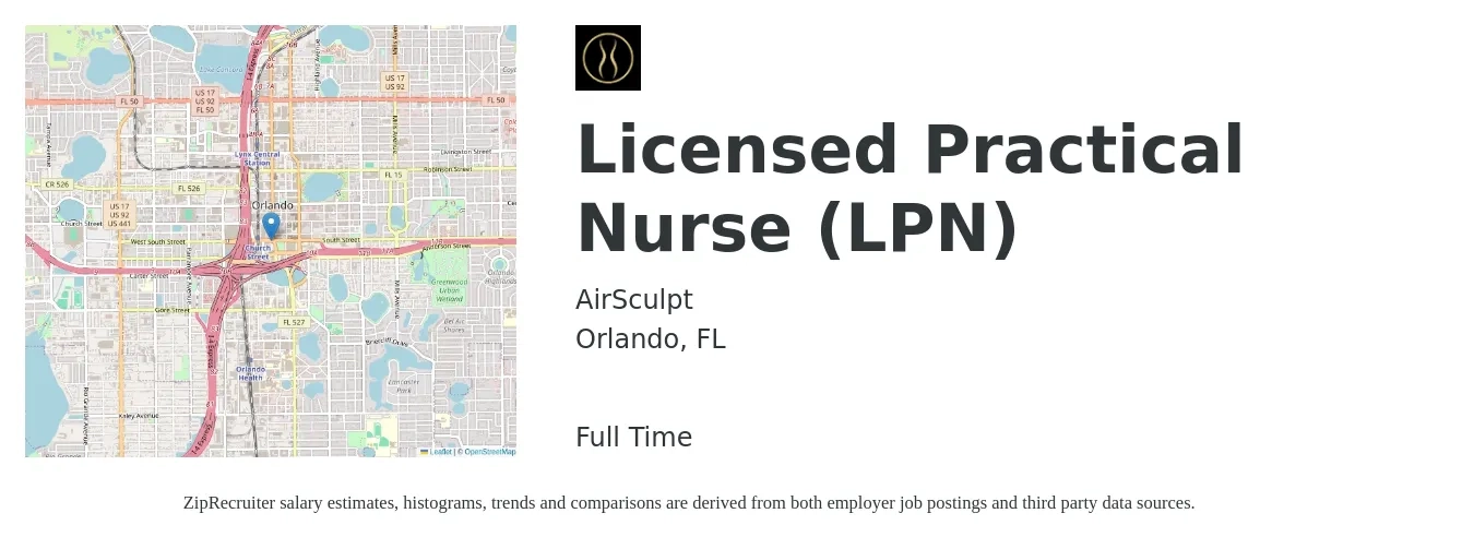 AirSculpt job posting for a Licensed Practical Nurse (LPN) in Orlando, FL with a salary of $24 to $33 Hourly with a map of Orlando location.