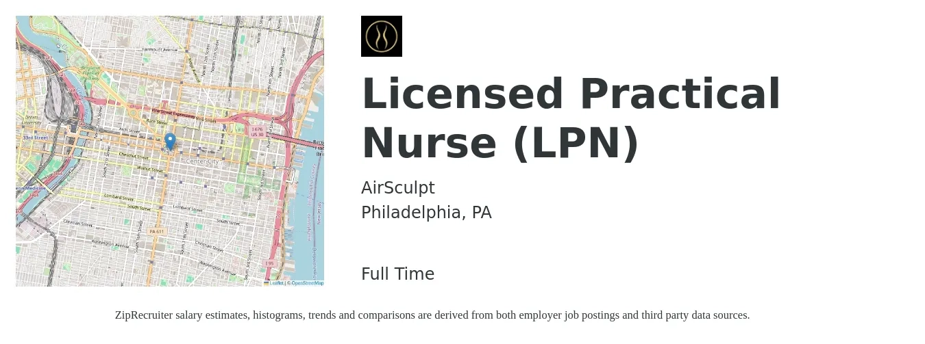 AirSculpt job posting for a Licensed Practical Nurse (LPN) in Philadelphia, PA with a salary of $26 to $35 Hourly with a map of Philadelphia location.