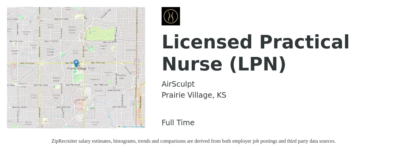 AirSculpt job posting for a Licensed Practical Nurse (LPN) in Prairie Village, KS with a salary of $25 to $34 Hourly with a map of Prairie Village location.