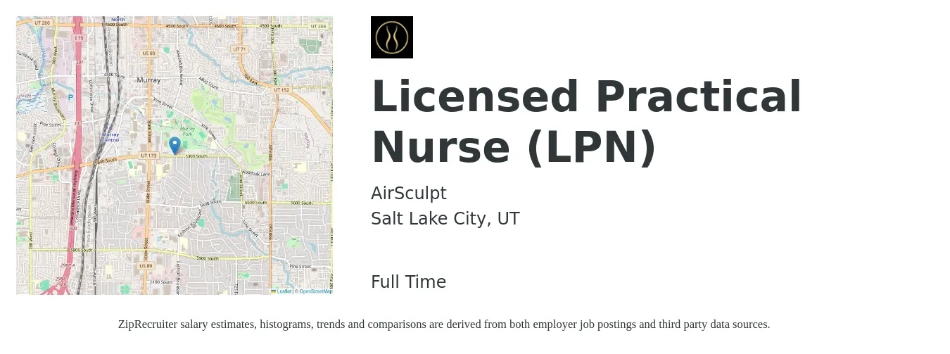 AirSculpt job posting for a Licensed Practical Nurse (LPN) in Salt Lake City, UT with a salary of $25 to $34 Hourly with a map of Salt Lake City location.