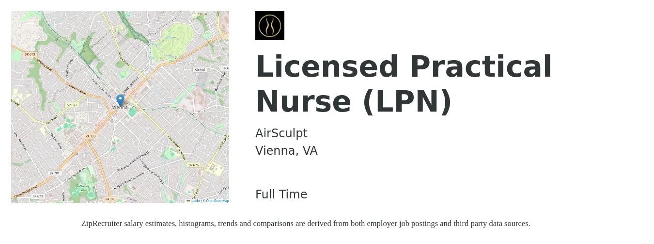 AirSculpt job posting for a Licensed Practical Nurse (LPN) in Vienna, VA with a salary of $26 to $35 Hourly with a map of Vienna location.