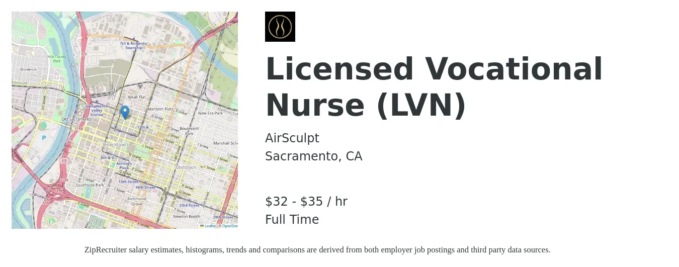 AirSculpt job posting for a Licensed Vocational Nurse (LVN) in Sacramento, CA with a salary of $34 to $37 Hourly with a map of Sacramento location.