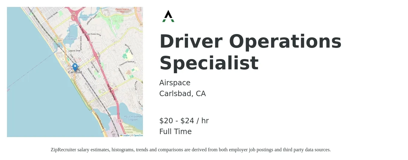 Airspace job posting for a Driver Operations Specialist in Carlsbad, CA with a salary of $21 to $25 Hourly with a map of Carlsbad location.