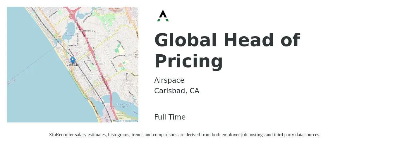 Airspace job posting for a Global Head of Pricing in Carlsbad, CA with a salary of $141,100 to $192,900 Yearly with a map of Carlsbad location.