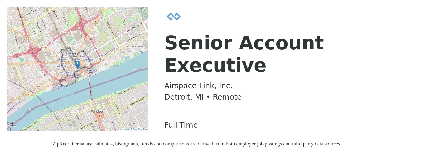 Airspace Link, Inc. job posting for a Senior Account Executive in Detroit, MI with a salary of $76,200 to $116,800 Yearly with a map of Detroit location.