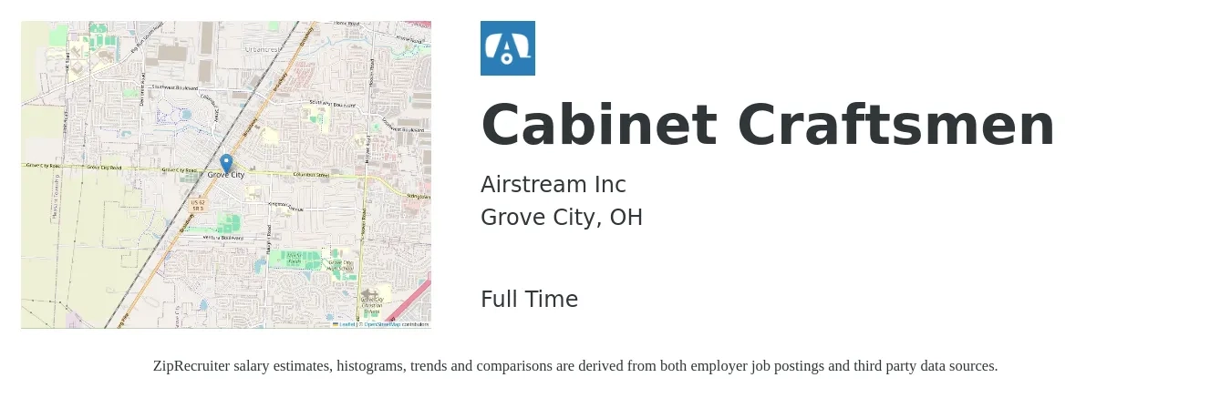 Airstream Inc job posting for a Cabinet Craftsmen in Grove City, OH with a salary of $17 to $24 Hourly with a map of Grove City location.