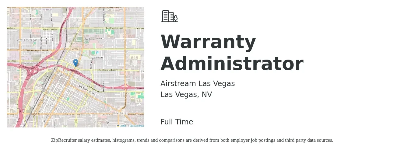 Airstream Las Vegas job posting for a Warranty Administrator in Las Vegas, NV with a salary of $18 to $26 Hourly with a map of Las Vegas location.