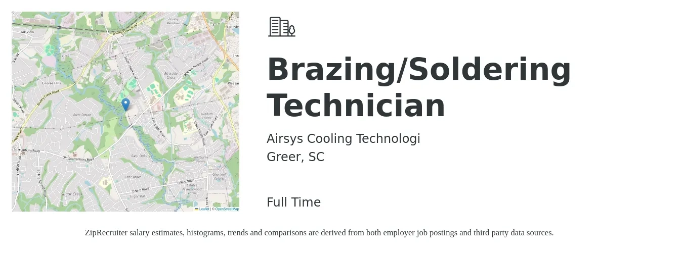 Airsys Cooling Technologi job posting for a Brazing/Soldering Technician in Greer, SC with a salary of $18 to $22 Hourly with a map of Greer location.