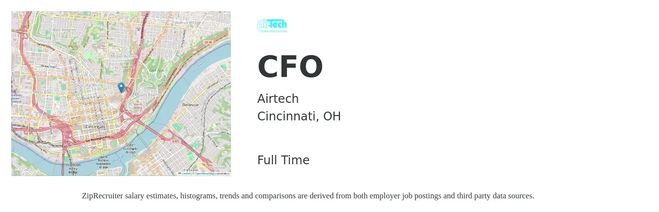 Airtech job posting for a CFO in Cincinnati, OH with a salary of $160,000 to $180,000 Yearly with a map of Cincinnati location.
