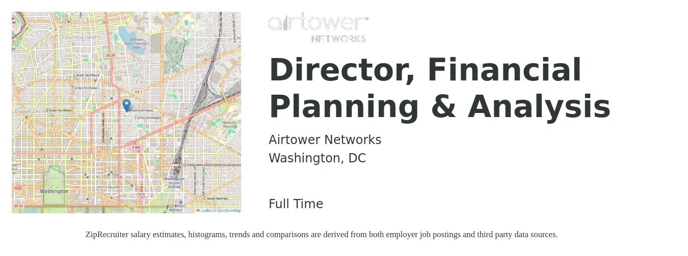 Airtower Networks job posting for a Director, Financial Planning & Analysis in Washington, DC with a salary of $161,400 to $205,400 Yearly with a map of Washington location.