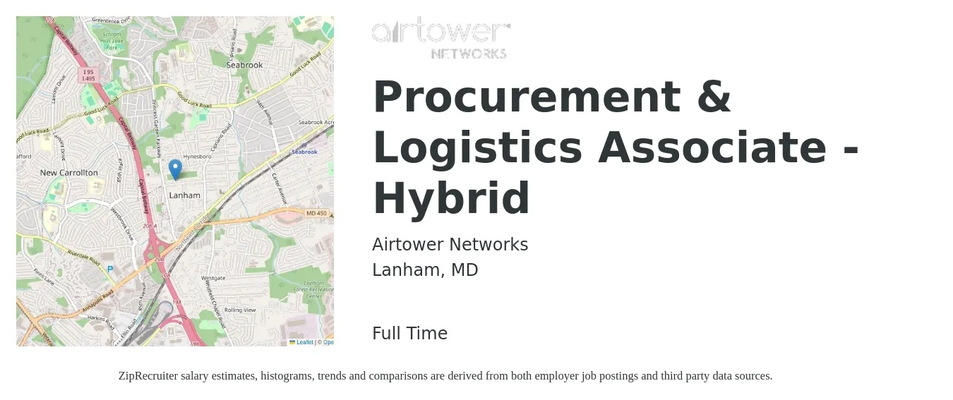 Airtower Networks job posting for a Procurement & Logistics Associate - Hybrid in Lanham, MD with a salary of $46,400 to $69,300 Yearly with a map of Lanham location.