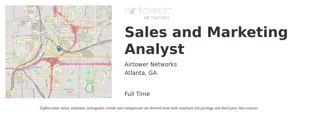 Airtower Networks job posting for a Sales and Marketing Analyst in Atlanta, GA with a salary of $54,800 to $71,600 Yearly with a map of Atlanta location.