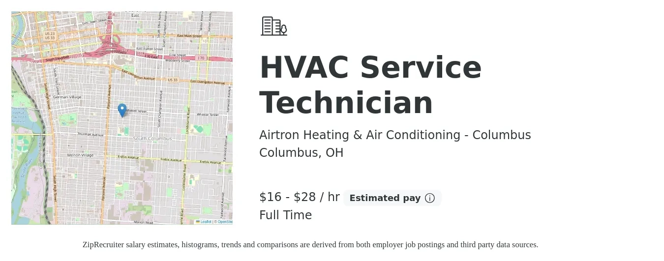 Airtron Heating & Air Conditioning - Columbus job posting for a HVAC Service Technician in Columbus, OH with a salary of $17 to $30 Hourly with a map of Columbus location.
