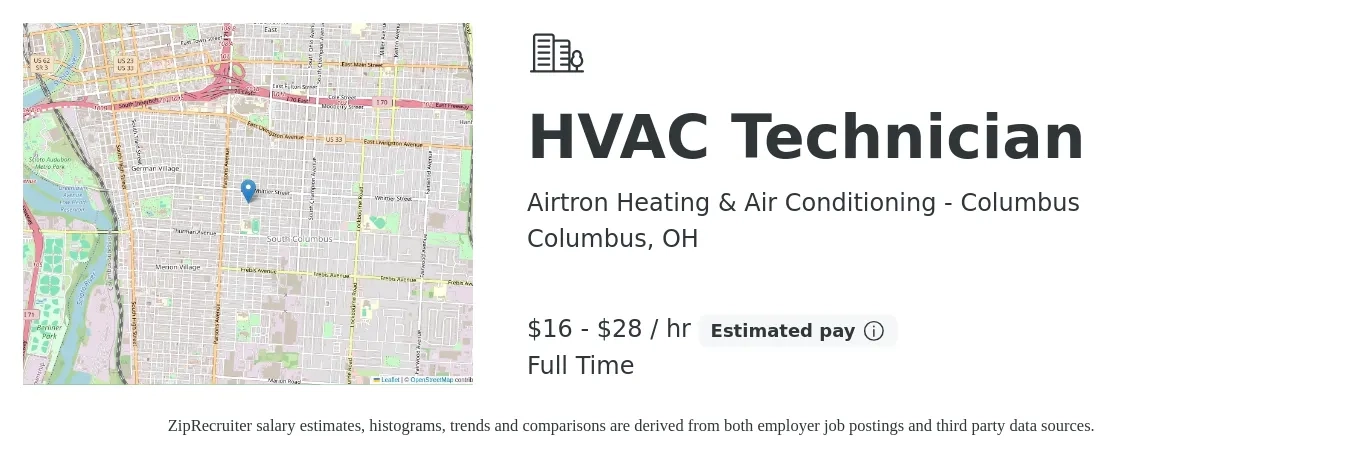 Airtron Heating & Air Conditioning - Columbus job posting for a HVAC Technician in Columbus, OH with a salary of $17 to $30 Hourly with a map of Columbus location.