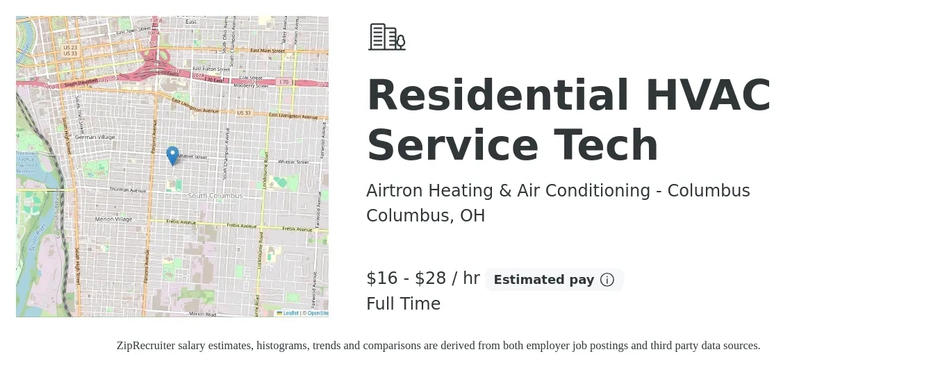Airtron Heating & Air Conditioning - Columbus job posting for a Residential HVAC Service Tech in Columbus, OH with a salary of $17 to $30 Hourly with a map of Columbus location.