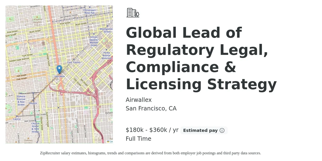 Airwallex job posting for a Global Lead of Regulatory Legal, Compliance & Licensing Strategy in San Francisco, CA with a salary of $181,000 to $311,000 Yearly with a map of San Francisco location.