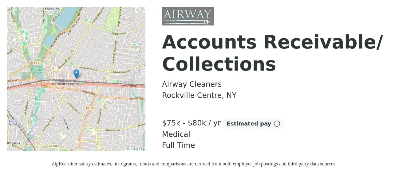 Airway Cleaners job posting for a Accounts Receivable/ Collections in Rockville Centre, NY with a salary of $75,000 to $80,000 Yearly and benefits including medical with a map of Rockville Centre location.
