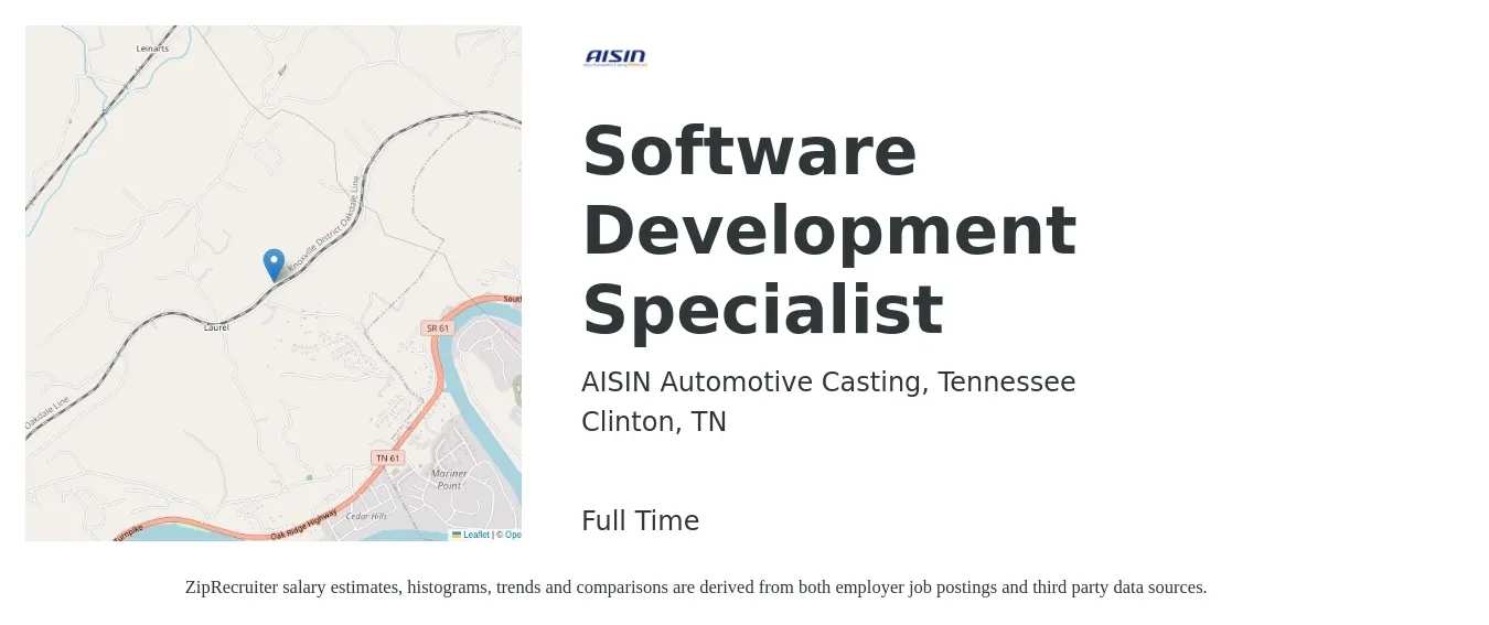 AISIN Automotive Casting, Tennessee job posting for a Software Development Specialist in Clinton, TN with a salary of $30 to $40 Hourly with a map of Clinton location.