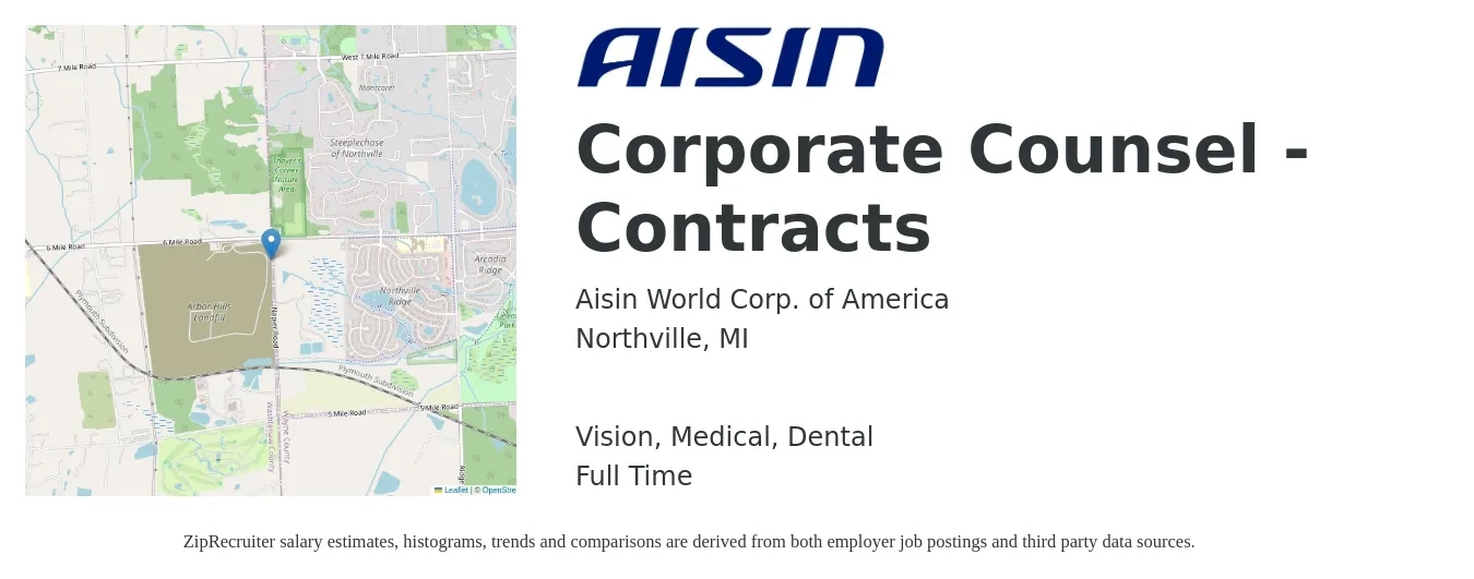 Aisin World Corp. of America job posting for a Corporate Counsel - Contracts in Northville, MI with a salary of $123,800 to $174,700 Yearly and benefits including life_insurance, medical, retirement, vision, and dental with a map of Northville location.
